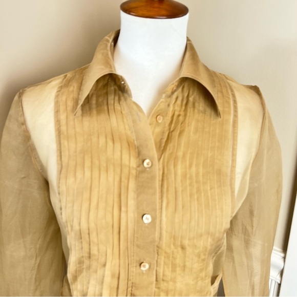 Ideology Vintage 100% Silk Gold Sheer Pintuck Button-Down Blouse - Small - Flaw - Picture 8 of 12